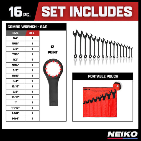 Heavy Duty Jumbo Combination Wrench Set 16 Piece SAE From 1/4 Inch To 1-1/4 Inch with Portable Pouch and Size Chart