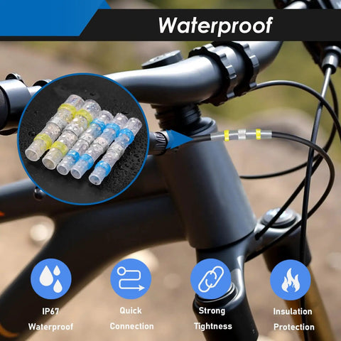 Installed Must Have Pro Grade 252Pcs Solder Seal Wire Connectors Kit With 120Pcs Heat Shrink Connectors on a bike, close-up view