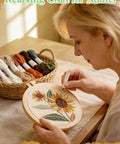 Woman using Beginner Punch Needle Kit With Hoop Needle Yarn And Fabric Pattern Including Step By Step Video Guide All In One Grab And Go DIY Embroidery Set For Women And Teens Easy To Use Craft Gift
