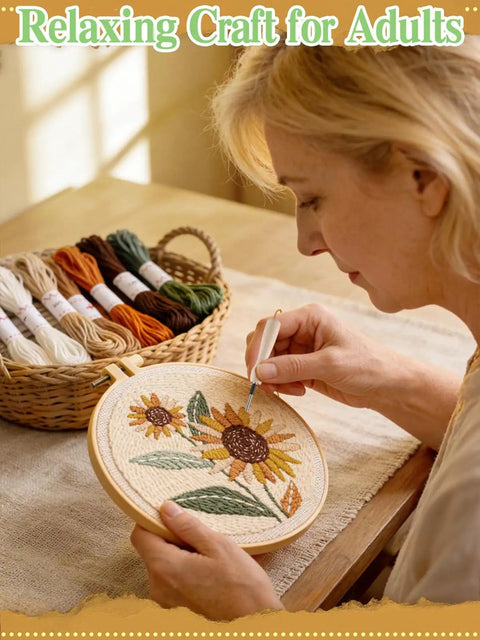 Woman using Beginner Punch Needle Kit With Hoop Needle Yarn And Fabric Pattern Including Step By Step Video Guide All In One Grab And Go DIY Embroidery Set For Women And Teens Easy To Use Craft Gift