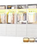 White Freestanding Closet System With 4 Motion Sensor Led Lights Modular Wardrobe Organizer, spacious design with hanging clothes and drawers.