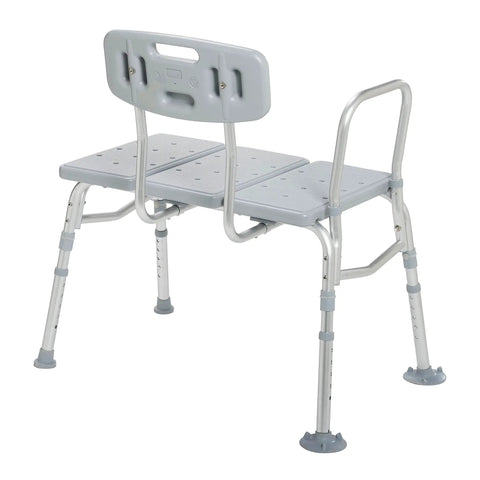 Plastic Bathtub Transfer Bench With Reversible Backrest And Tool Free Assembly For Easy Entry And Exit Bath Safety And Independent Comfort For Seniors And Caregivers At Home With No Fuss Non Slip Feet And Easy Grip, shown from the side with adjustable legs