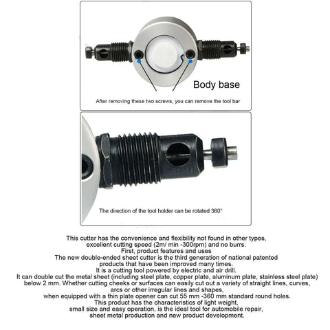360 Degree Rotating Double Head Thin Sheet Metal Cutter Nibbler Drill Attachment shown with body base