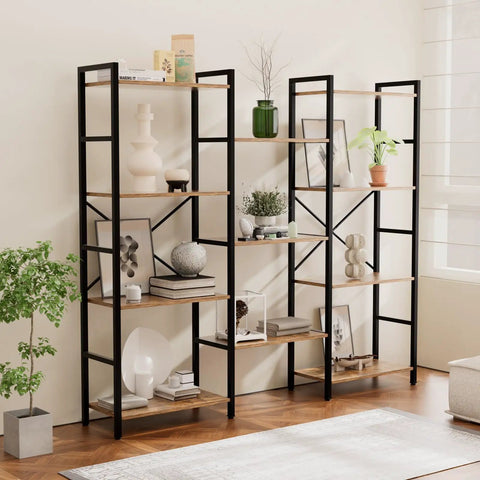 Four Tier Book Shelf With Sturdy Metal Frame Freestanding Modern Bookcase Display Shelves For Living Room Office Garage Big Capacity Storage For Books Lego Plants And Decor Rustic Brown Finish