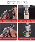 Four image collage showing use of Three Piece PVC Pipe Threader Kit For DIY Pros And Handy Folks Dual Function Internal And External Threading