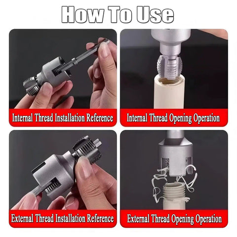 Four image collage showing use of Three Piece PVC Pipe Threader Kit For DIY Pros And Handy Folks Dual Function Internal And External Threading