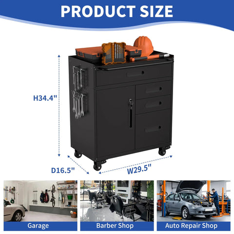 Beast Mode 30 Inch Tool Storage Cabinet With Lockable Drawers And Smooth Rolling Casters Ultimate Garage Locker, measuring H34.4 x D16.5 x W29.5 inches.