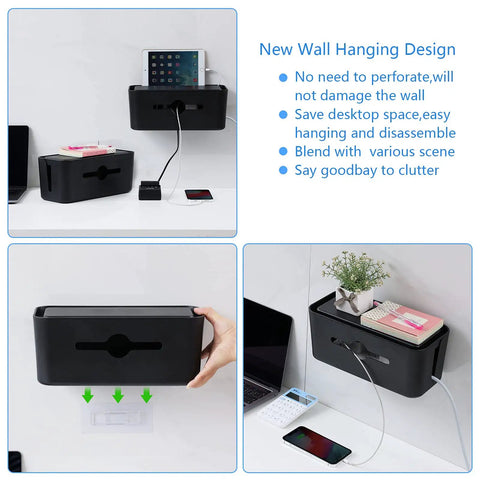 All-In-One Cable Management Box Kit For Desk And Floor Cord Organizer Hides Power Strips And Wires Includes 6 Cable Clips 10 Reusable Ties And Wall Hook For Easy Wall Mount In Home Office Black, shown wall-mounted holding devices and cables.