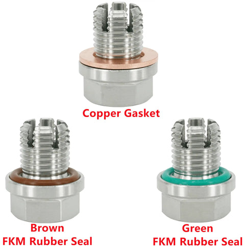 Oversize Piggyback Oil Drain Plug Kit M14.1-1.5 x 15mm with copper gasket, brown and green FKM rubber seal, stainless steel