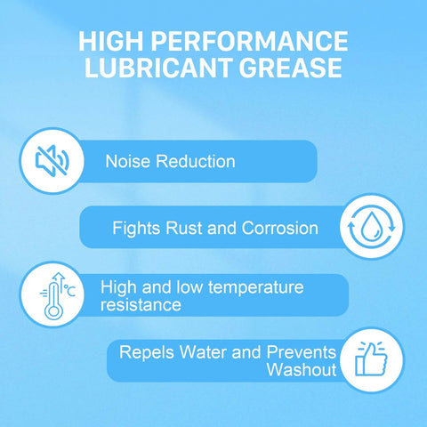 Infographic highlighting features of Heavy Duty 20g 3D Printer Lubricating Grease Oil Paste, including noise reduction and rust prevention.