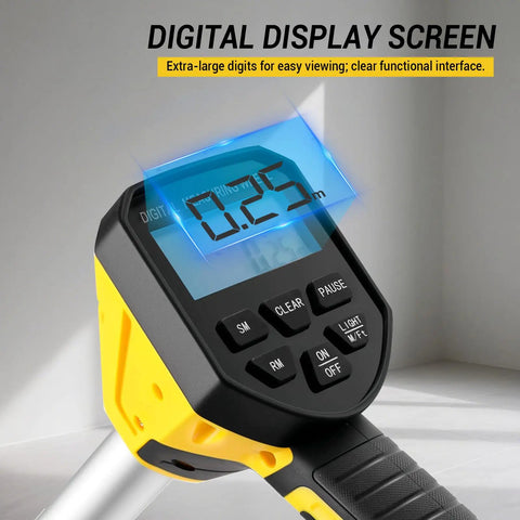 Digital Measuring Wheel With 12.5 Inch Wheel, Pro Grade Precision, Switchable Feet And Meters On Digital Display, Folding Roller With Storage Bag For Quick Distance Readings At Worksites And DIY Projects close-up of digital display and control buttons