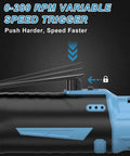 Close-up of Cordless Electric Ratchet Wrench Kit With Forty Ft Lb Torque, Three Eighths Inch Drive speed trigger and lock button