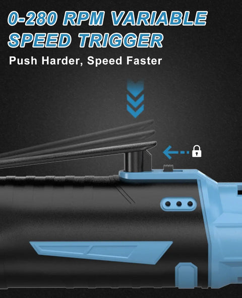Close-up of Cordless Electric Ratchet Wrench Kit With Forty Ft Lb Torque, Three Eighths Inch Drive speed trigger and lock button
