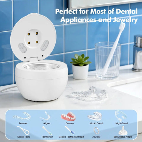 Open 48kHz Ultrasonic Retainer Cleaner For Dentures Mouth Guards Braces Aligners Toothbrushes And Jewelry 200ML Capacity White