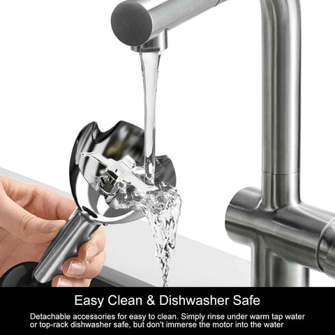 Titanium-Reinforced 3-In-1 Immersion Hand Blender With Copper Motor being rinsed under faucet, showing easy cleaning feature