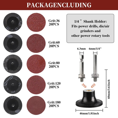 2 Inch Quick Change Sanding Discs Kit For Die Grinder And Drill, 100 Pc Set shown with five grits and 1/4 inch shank holder
