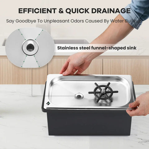 Smooth Operator Pitcher Rinser With 360 Degree Rotating Nozzle for Spotless Mugs and Glasses, stainless steel funnel sink, quick drainage.