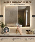Smart anti-fog mirror close-up with touch activation feature, showing before and after clarity in a modern bathroom.