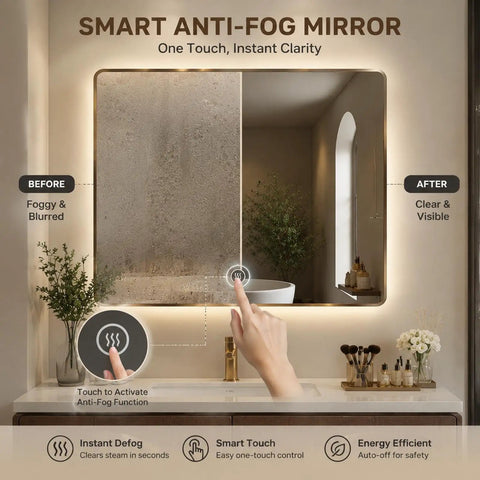 Smart anti-fog mirror close-up with touch activation feature, showing before and after clarity in a modern bathroom.
