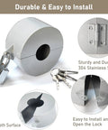 Lock Out Door Knob Device With Padlock For Round Doorknobs Keeps Them From Turning And Keyholes From Being Accessed Great For Privacy And Safety Stainless Steel Silver Finish showing smooth surface and hinge detail with keys