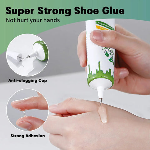 Person applying Heavy Duty Shoe Repair Glue For Sneakers And Boots Waterproof Clear Flexible Adhesive That Bonds Ultra Strong
