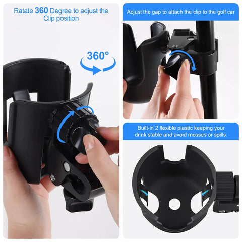 Universal Adjustable Golf Cart Cup Holder And Phone Mount Fits Ezgo Club Car Yamaha Models, showing 360-degree rotation feature.