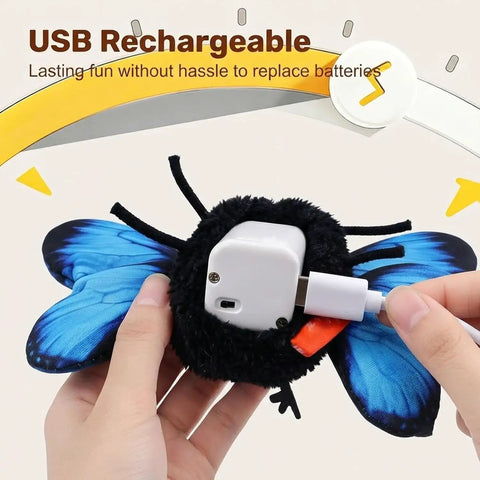 Smart Sensing Flapping Butterfly Cat Toy With Realistic Moving Wings Electric Motion Activated Indoor Interactive Bird That Sparks Exercise And Diminishes Boredom Gold USB rechargeable plush butterfly toy with blue wings and charging port
