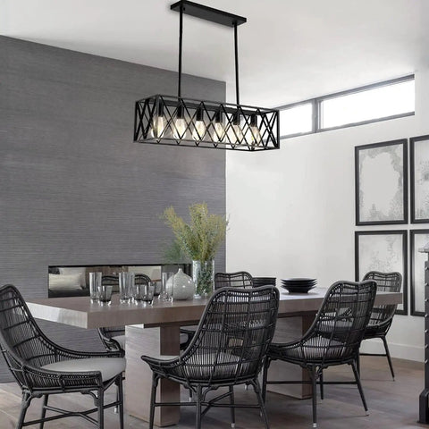 Farmhouse Style 6 Light Black Metal Industrial Pendant Lighting For Dining Room And Kitchen Island Vintage Rectangular Linear Chandelier
