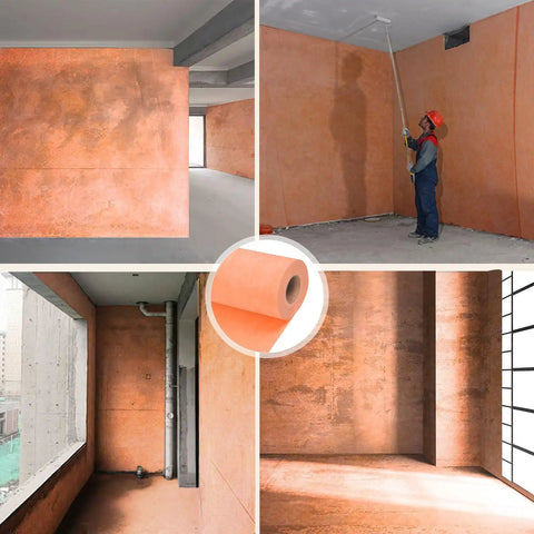 Collage of 324 Sq Ft Pro Grade Waterproofing Membrane installed on bathroom walls and floors, with orange surface and worker applying membrane.