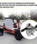 Red go kart with steering wheel and helmet in foreground, featuring a Go Kart Heavy Duty Mechanical Brake Caliper And Bracket With Pads For Manco 9598 9597 Yerf Dog Carter ASW Bristers Airheart MB 1 Predator 212cc 196cc Go Kart Brake System inset.