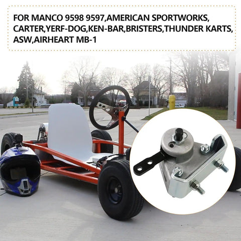 Red go kart with steering wheel and helmet in foreground, featuring a Go Kart Heavy Duty Mechanical Brake Caliper And Bracket With Pads For Manco 9598 9597 Yerf Dog Carter ASW Bristers Airheart MB 1 Predator 212cc 196cc Go Kart Brake System inset.