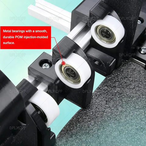 Close-up of metal bearings and durable POM surface on No Sweat Manual Airplane Box Folding Jig for smooth operation.