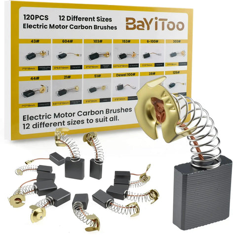 120 Pieces Carbon Brushes Set For Electric Motors In 12 Different Sizes Must Have Repair Kit For Angle Grinders Circular Saws And Electric Hammer Drills, showcasing springs and detailed specs.