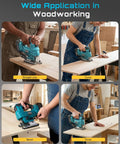 Badass Brushless Cordless Jigsaw Featuring Dual Four Ah Batteries And Rock Solid Variable Speed Settings For Lightning Fast Precision Cuts On Wood And Steel Projects in use for straight cuts, curves, bevels, and circles on wood.