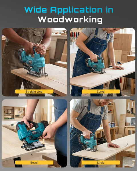 Badass Brushless Cordless Jigsaw Featuring Dual Four Ah Batteries And Rock Solid Variable Speed Settings For Lightning Fast Precision Cuts On Wood And Steel Projects in use for straight cuts, curves, bevels, and circles on wood.