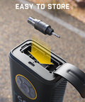 X10 Pro Portable Tire Inflator with nozzle attachment storage, 150 PSI, for cars motorcycles bikes, easy to store.