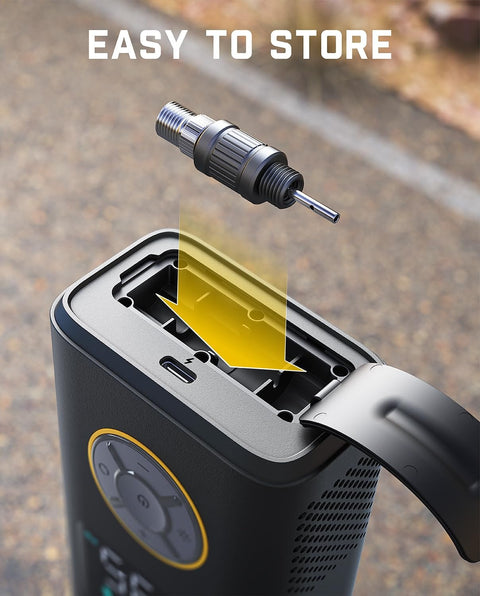 X10 Pro Portable Tire Inflator with nozzle attachment storage, 150 PSI, for cars motorcycles bikes, easy to store.