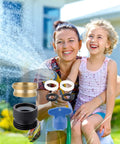 Faucet To Garden Hose Adapter Kit Easy Install Brass Matte Black with Washer and Aerator Key, shown with a family using a hose