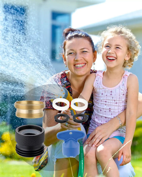 Faucet To Garden Hose Adapter Kit Easy Install Brass Matte Black with Washer and Aerator Key, shown with a family using a hose