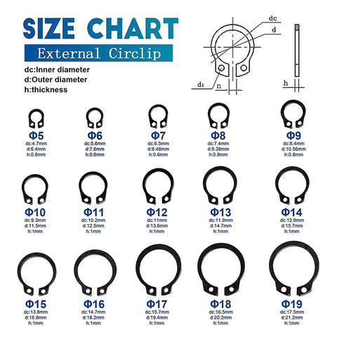 Size chart for C Type External Circlip Kit Set 5mm To 19mm External Rings with dimensions and specifications displayed.