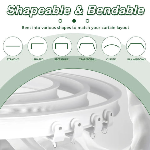 Flexible Curtain Track 10 Ft For RV And Home Use, bendable white ceiling rail shown in curved, L-shaped and bay window layouts