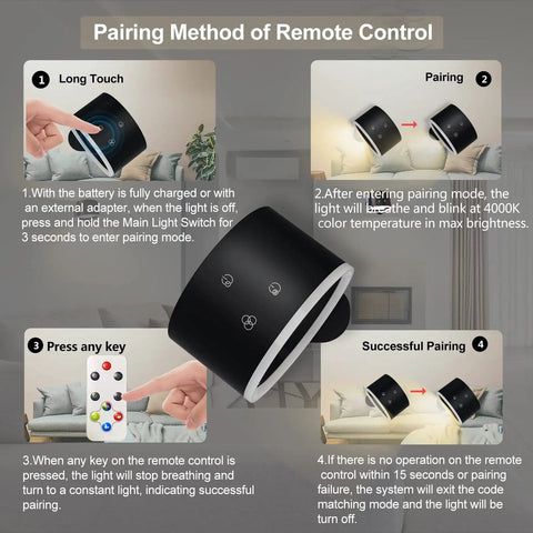 Instruction on remote pairing for Up And Down LED Wall Sconce With Battery Power, Dual Sided Reading Light And Ambient RGB Night Light