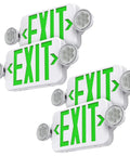 Green Led Exit Sign Emergency Light Combo With Adjustable Two Head Units Double Sided Battery Backup For Contractors AC 120 277V 4 Pack UL Certified Ready To Install showing four units
