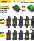 Various color options of the Waterproof Inline Rocker Switch Box For 12V To 24V Systems, including two-sided and one-sided versions.