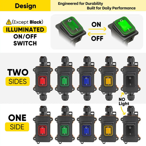 Various color options of the Waterproof Inline Rocker Switch Box For 12V To 24V Systems, including two-sided and one-sided versions.