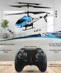 Remote Control Helicopter Toy With One Key Takeoff And Landing Auto Hover LED Lights, shown with dimensions and controller details.