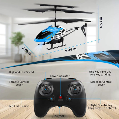 Remote Control Helicopter Toy With One Key Takeoff And Landing Auto Hover LED Lights, shown with dimensions and controller details.