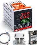 Digital Display PID Temperature Controller Thermostat Regulator With SSR 40DA, K Type Thermocouple, Heat Sink, 85-265VAC, 2m Thermocouple Cable, Fahrenheit Ready shown with components.