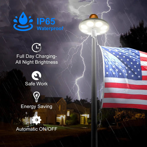 Solar Flag Pole Light With 136 LEDs Dusk To Dawn Auto On Off Sensor, illuminating American flag, stormy night, waterproof design