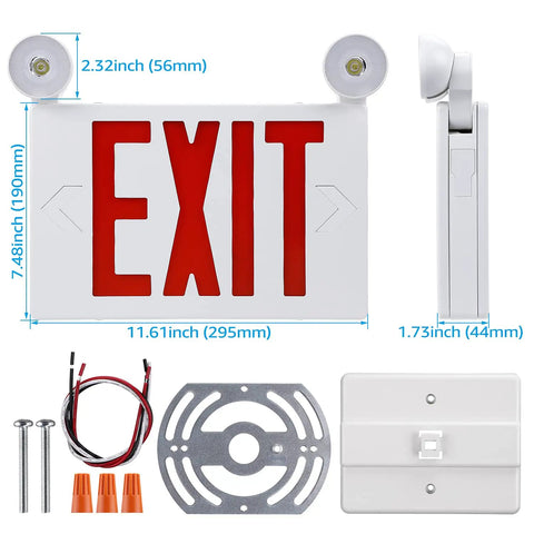 LED Exit Sign With Battery Backup And Emergency Lights, Dual Face, Red Letter, UL Listed, shown with installation hardware